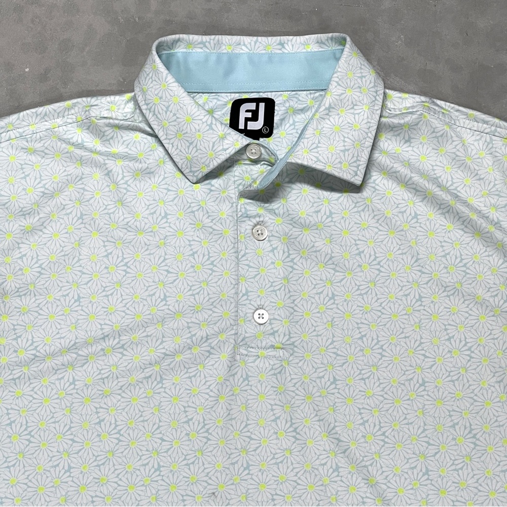 FootJoy FJ Golf Shirt Athletic Fit Daisy Floral Pattern, Ironhorse Logo.